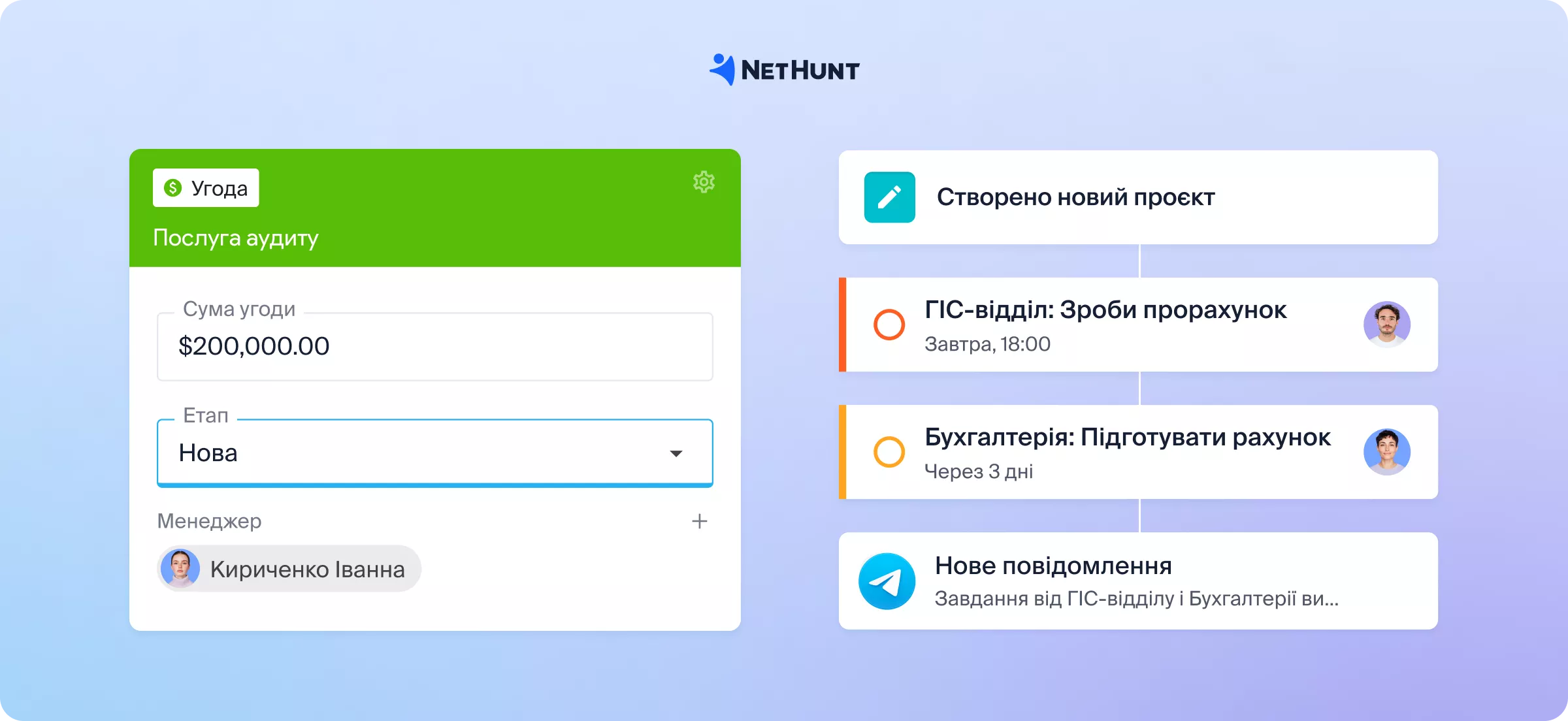 Автоматичне призначення задач різним відділам у NetHunt CRM після оновлення статусу угоди.